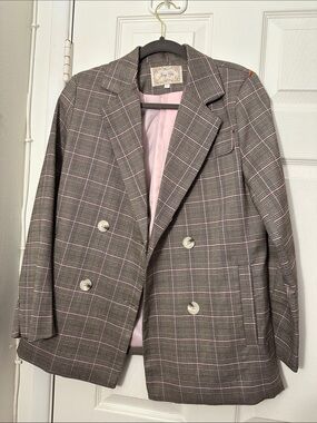 Double-Breasted Gray Plaid Blazer with Pink Accents